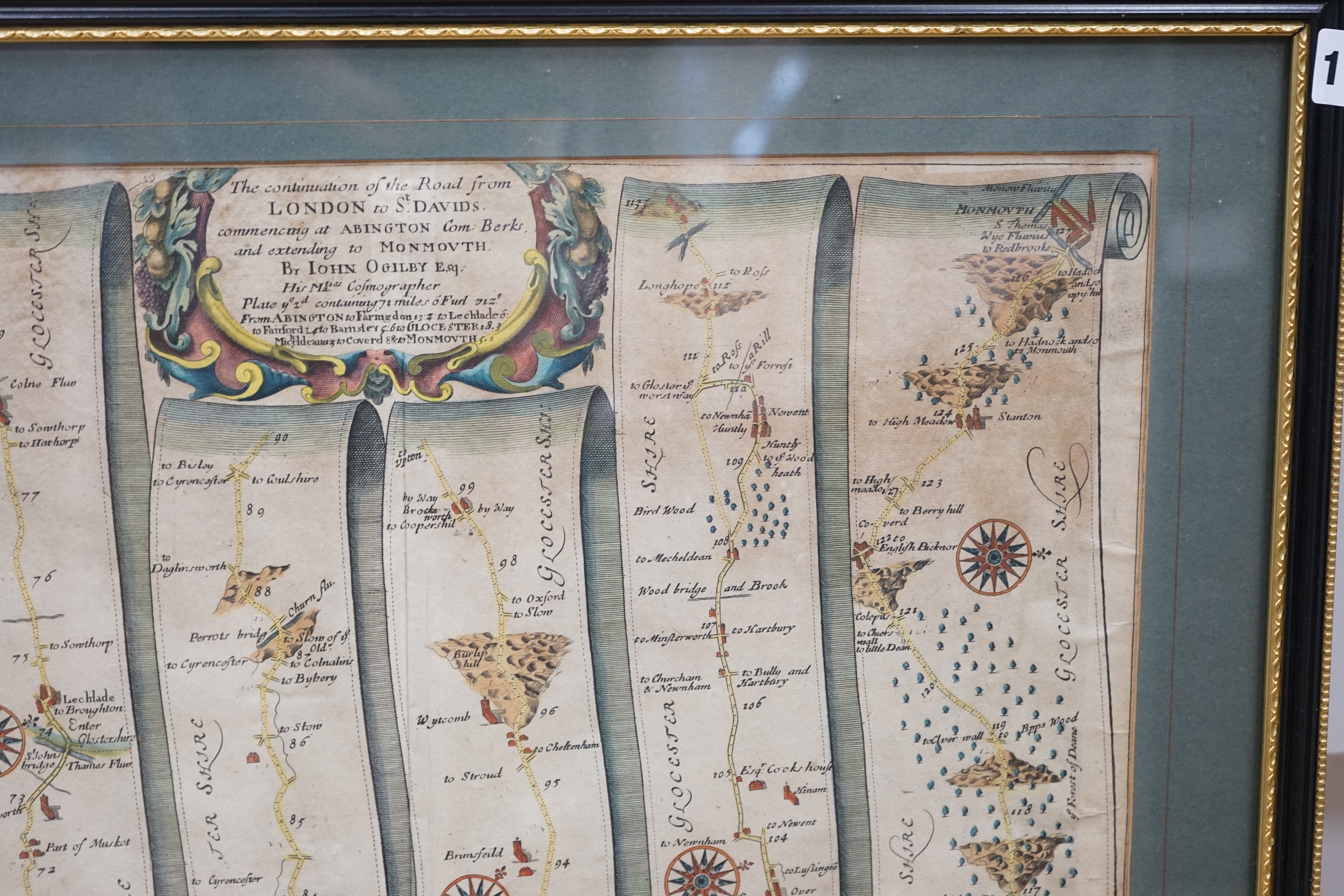 John Ogilby (1600-1676) hand coloured map, London to St. Davids, 33 x 44cm